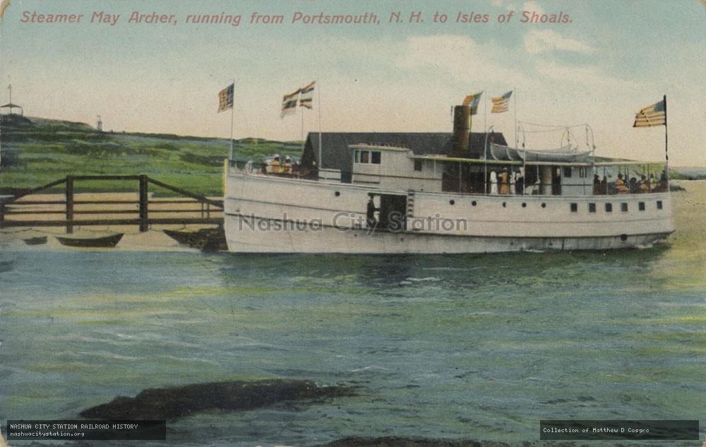 Postcard: Steamer May Archer, running from Portsmouth, New Hampshire to Isles of Shoals